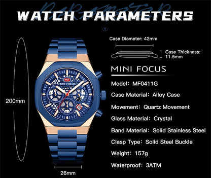 MINI FOCUS Motley Chronograph Quartz Watches Men Stainless Steel Business Sport Wristwatch with Luminous Hands Auto Date 0411