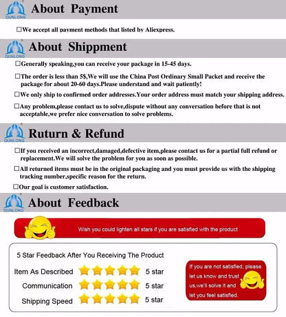 Text outlining shipping, payment, return, and feedback policies with smiling emojis.