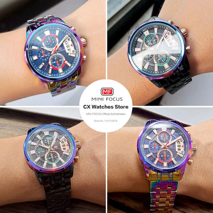 MINI FOCUS Motley Watches for Men Fashion Sport Chronograph Quartz Wristwatch with Date Luminous Hands Stainless Steel Strap Man