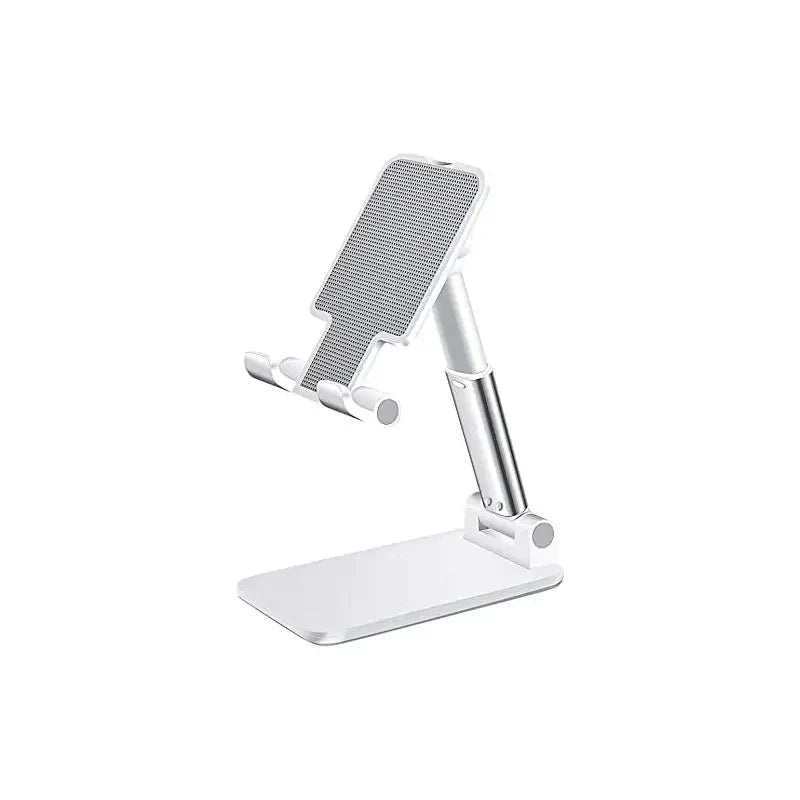 White and silver foldable desk stand with a textured backplate and a flat rectangular base.