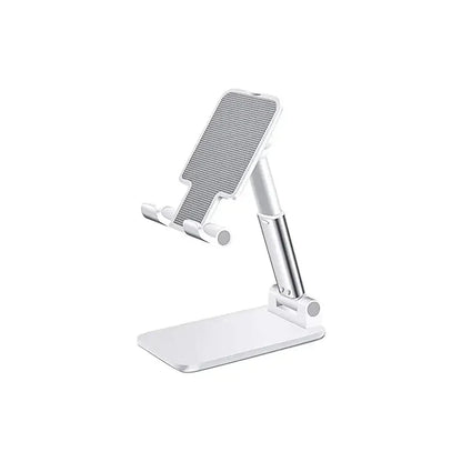 White and silver foldable desk stand with a textured backplate and a flat rectangular base.