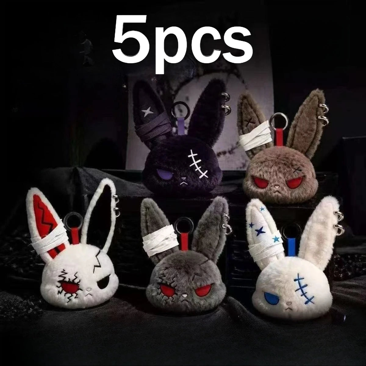 Gothic Bunny Plush Keychain Rabbit Bag Charm with Bandage Design Kawaii Key Ring Pendant Car Bag Ornament Gift