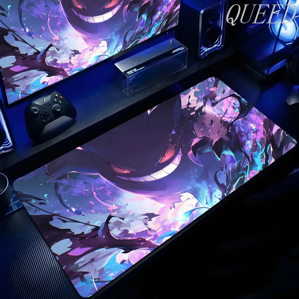 An XXL desk mat featuring Gengar in purple and blue hues with a glowing red-eyed grin.