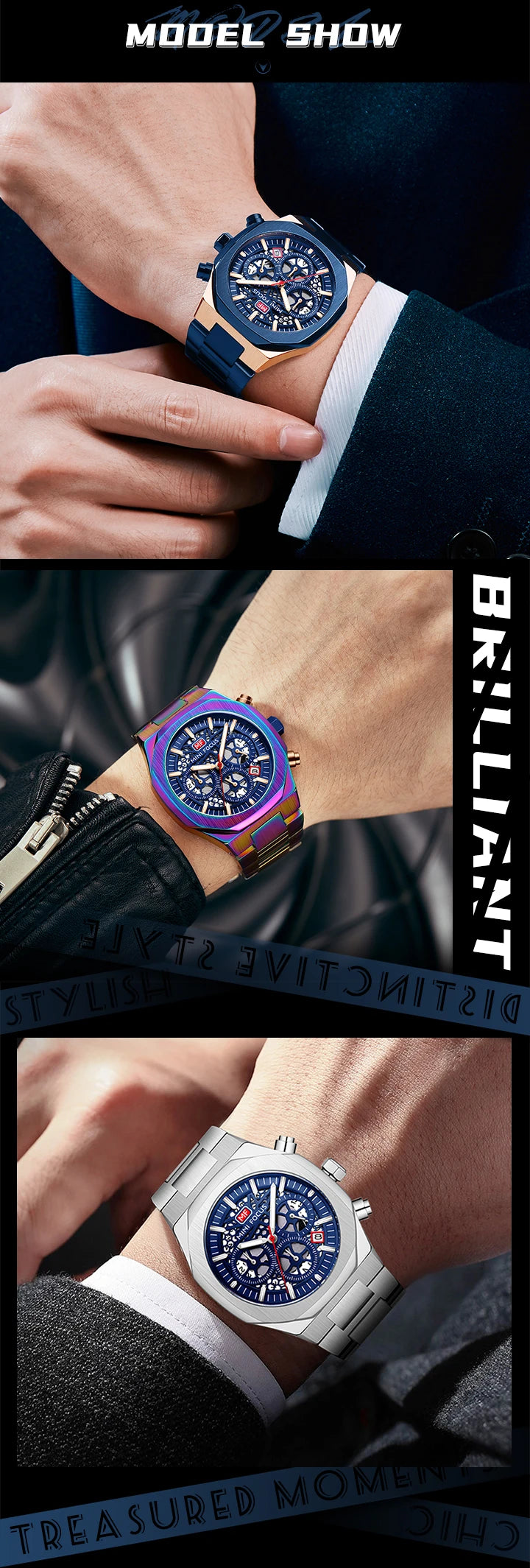 MINI FOCUS Motley Chronograph Quartz Watches Men Stainless Steel Business Sport Wristwatch with Luminous Hands Auto Date 0411