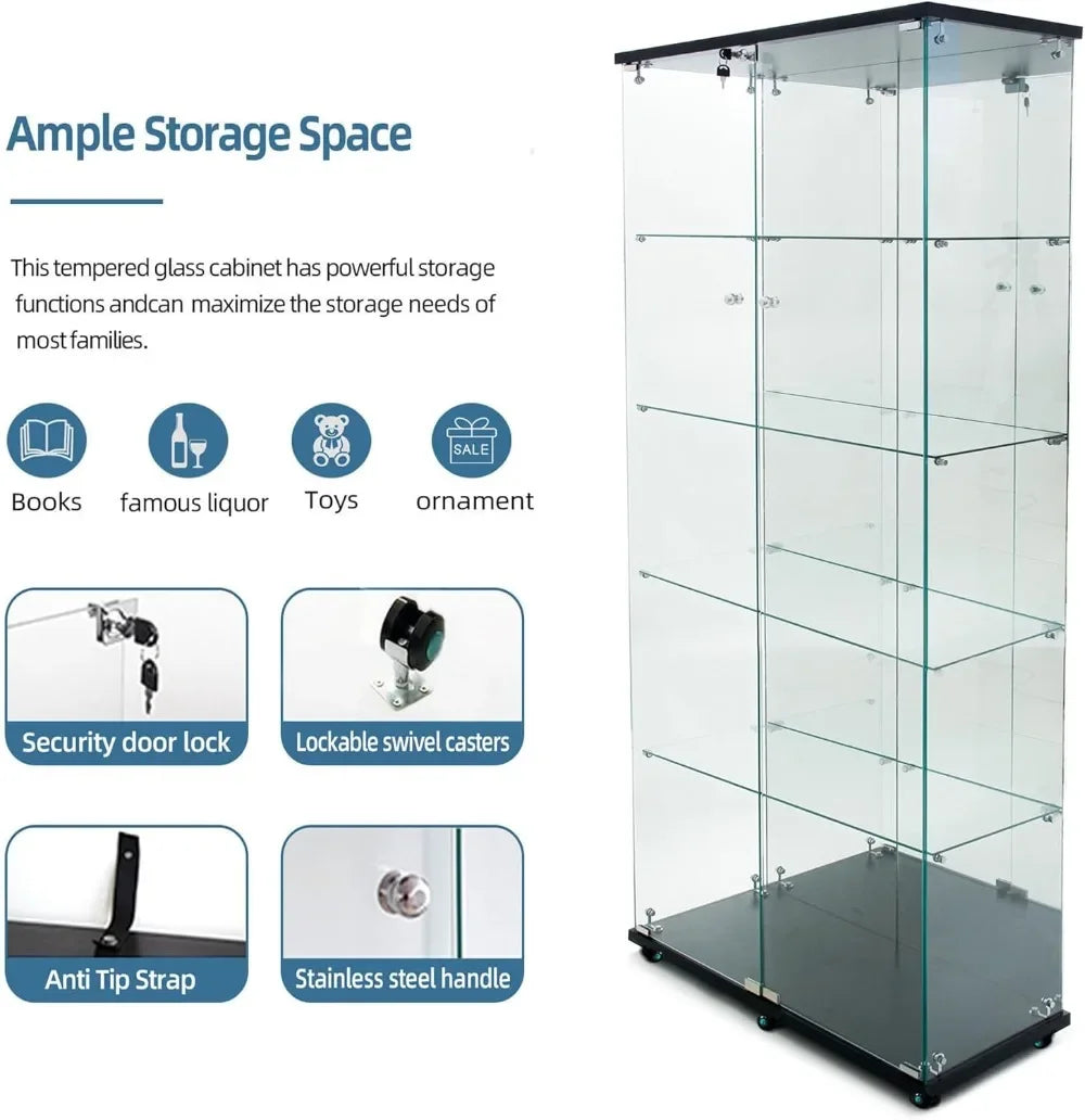 Tall black 5-tier glass display cabinet with dual doors, locks, and caster wheels, plus feature callouts.