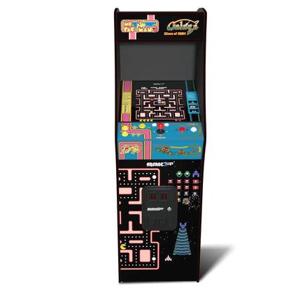 Class of 81 arcade cabinet with Ms. Pac-Man and Galaga graphics, controls, and coin door.