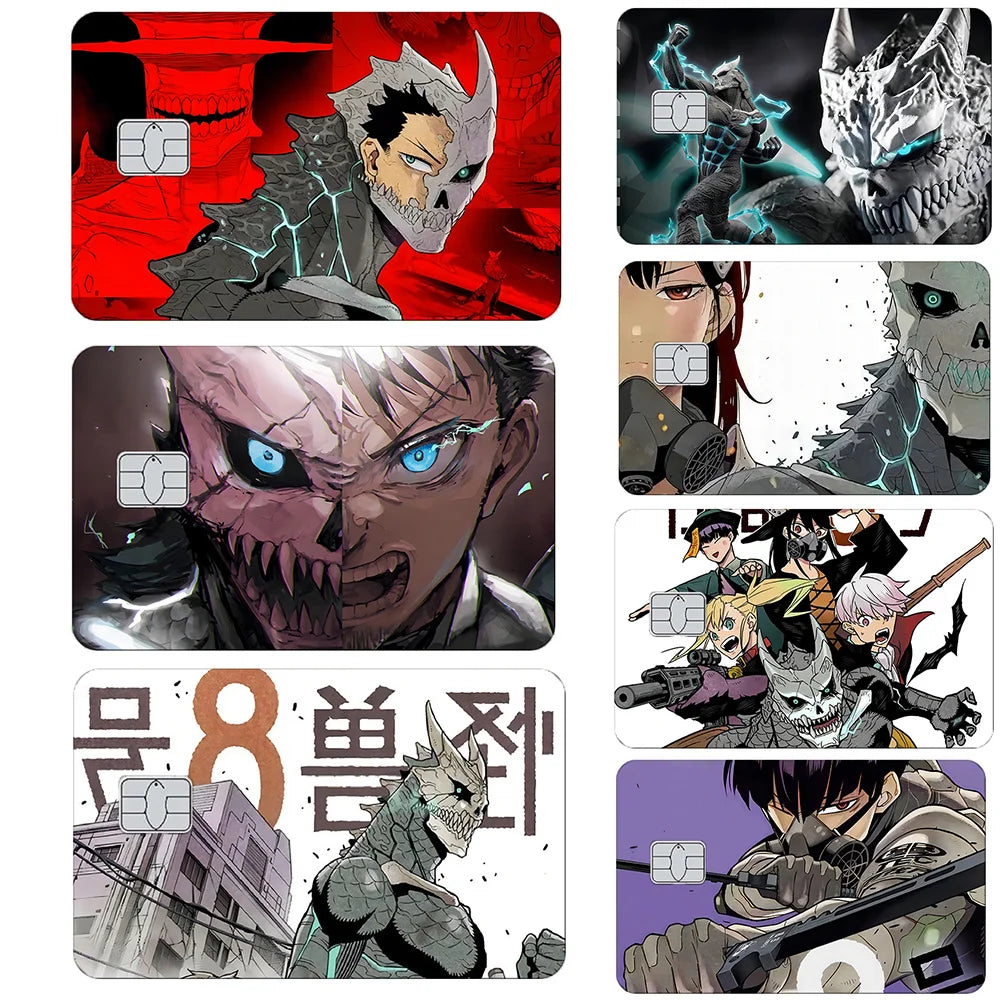 Six anime card skins with matte PVC film, featuring monsters and characters in red, black, and white.