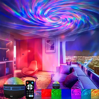 Galaxy projector casts swirling blue, pink, and green lights across a room's ceiling, with a remote shown below.