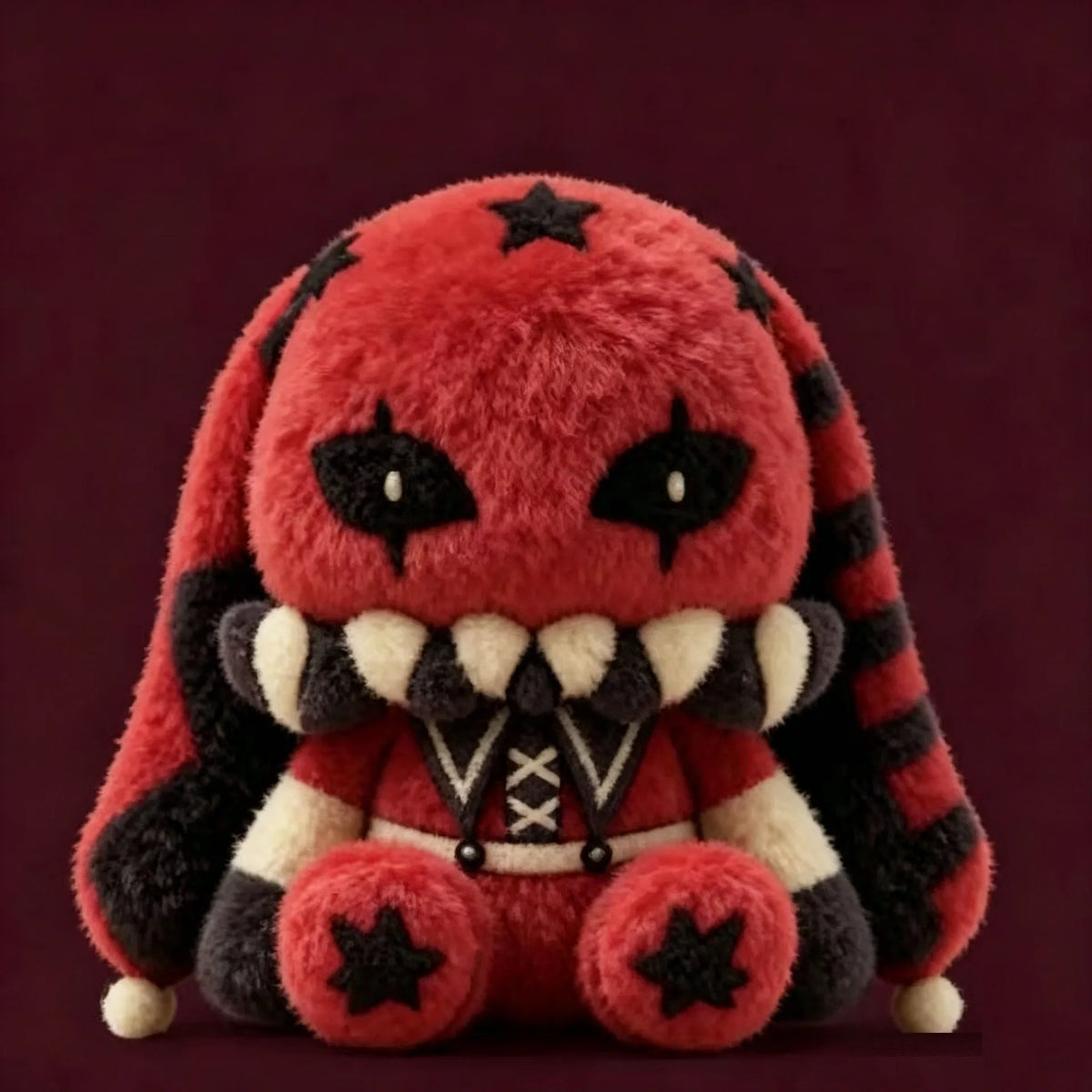 Red and black plush rabbit toy with black star patterns, clown makeup eyes, prominent white teeth, and striped ears.