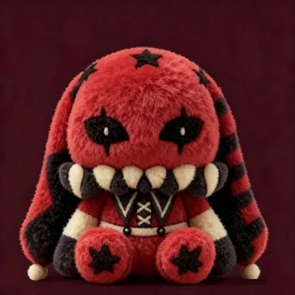 Red and black plush rabbit toy with black star patterns, clown makeup eyes, prominent white teeth, and striped ears.