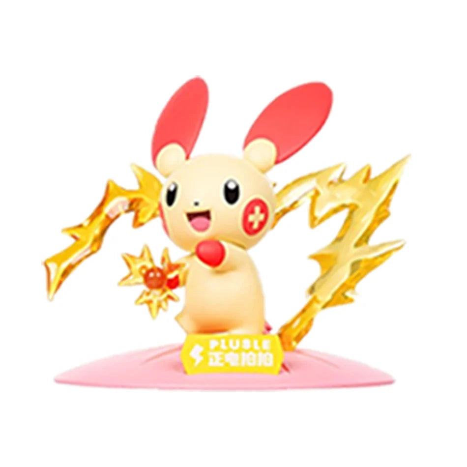Plusle action figure with red-tipped ears, yellow lightning effects, standing on a pink base.