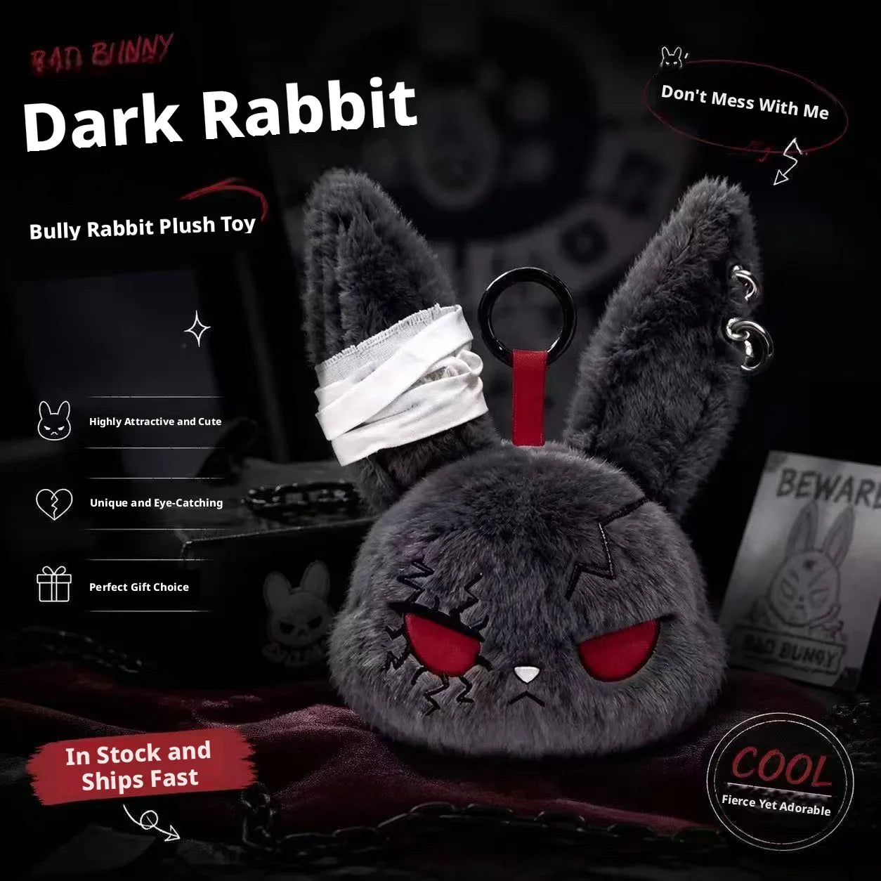 Gothic Bunny Plush Keychain Rabbit Bag Charm with Bandage Design Kawaii Key Ring Pendant Car Bag Ornament Gift
