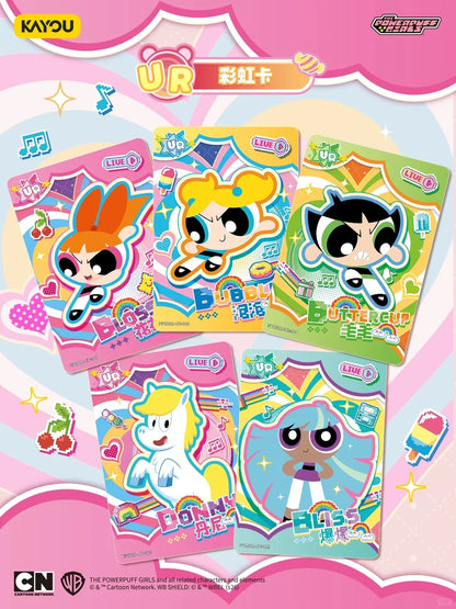 Five colorful Powerpuff Girls cards featuring Blossom, Bubbles, Buttercup, Donny, and Bliss against a pastel background.