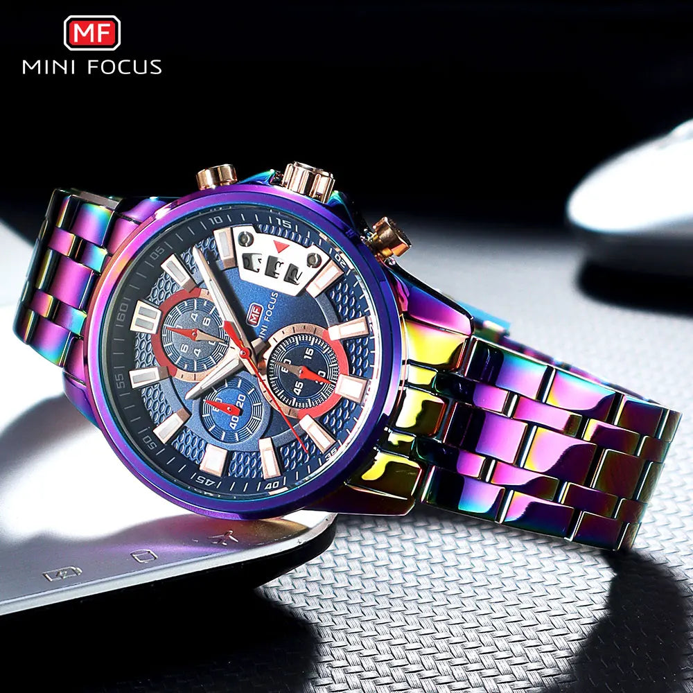 MINI FOCUS Motley Watches for Men Fashion Sport Chronograph Quartz Wristwatch with Date Luminous Hands Stainless Steel Strap Man