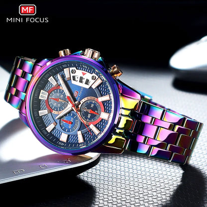 MINI FOCUS Motley Watches for Men Fashion Sport Chronograph Quartz Wristwatch with Date Luminous Hands Stainless Steel Strap Man