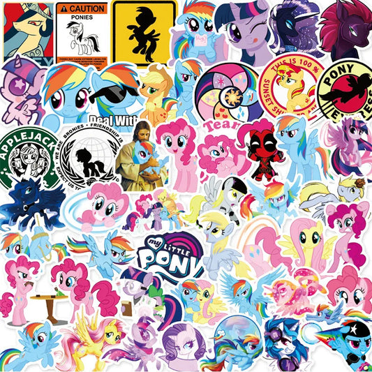 A large collection of colorful, waterproof My Little Pony cartoon stickers featuring various characters.