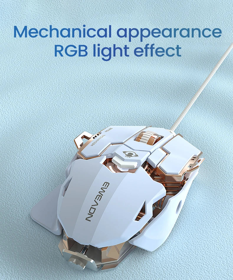 White and rose gold EWEADN G5 USB wired gaming mouse on a blue textured surface.