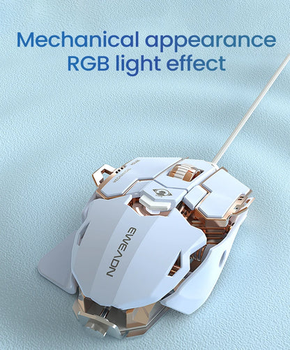 White and rose gold EWEADN G5 USB wired gaming mouse on a blue textured surface.