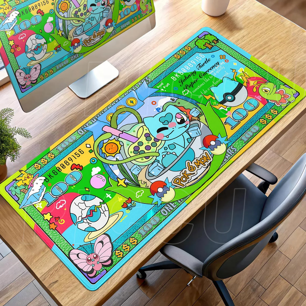 A colorful green and blue Pokemon desk mat featuring Bulbasaur, money motifs, and cartoon details on a wooden desk.