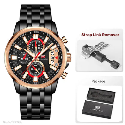 MINI FOCUS Motley Watches for Men Fashion Sport Chronograph Quartz Wristwatch with Date Luminous Hands Stainless Steel Strap Man