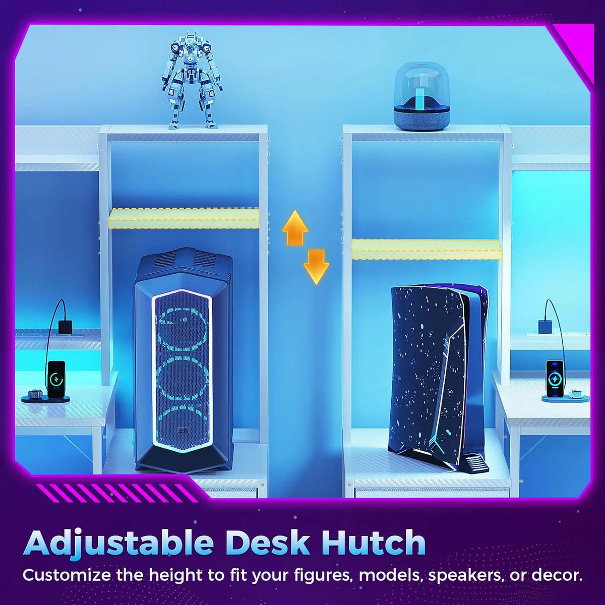 Two desk hutch setups shown side-by-side with adjustable shelves holding electronics, figures, and decor against a blue background.