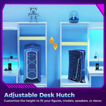Two desk hutch setups shown side-by-side with adjustable shelves holding electronics, figures, and decor against a blue background.