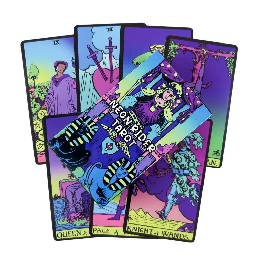 Fan of vibrant neon tarot cards featuring purple, blue, and green illustrations, with a deck box labeled NEON RIDER TAROT.