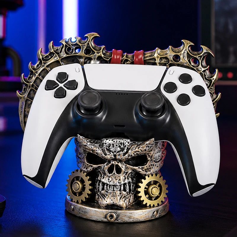 Steampunk skull stand holding a white and black controller, featuring bronze gears and ornate metallic trim.
