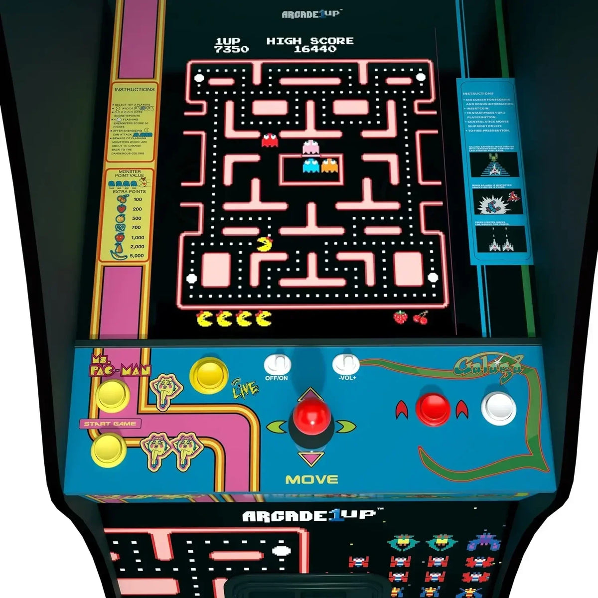 Arcade cabinet showing Ms. Pac-Man game, with a pink-and-yellow left control panel and blue right control panel.