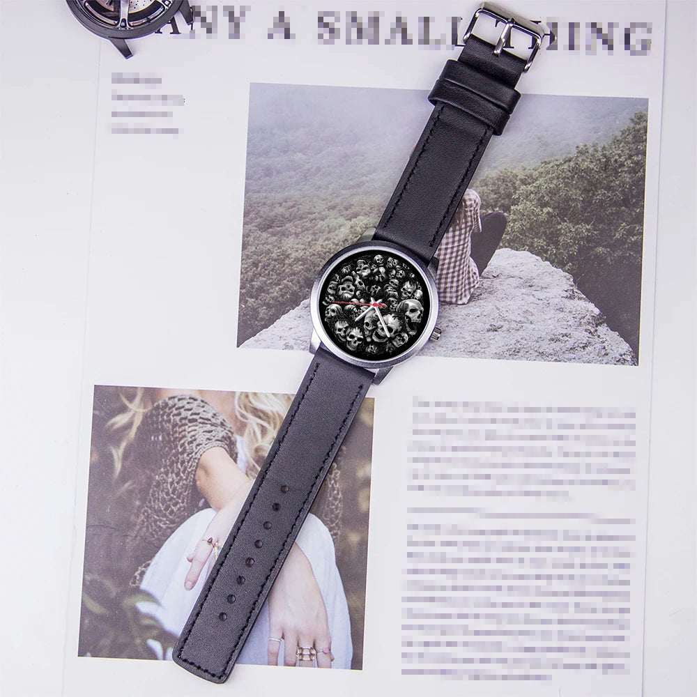Skeleton Skull Dial Gentleman Quartz Watch Men Personalized Wristwatch Black Fashion Souvenir Gift For Male Friend Husband