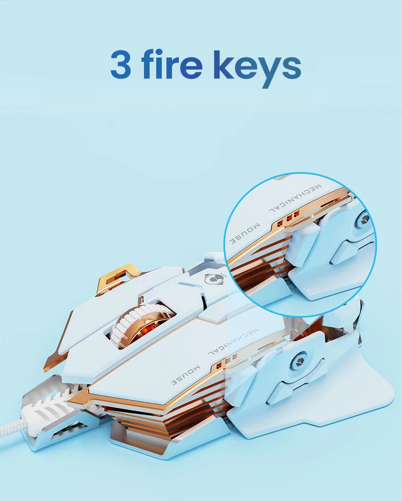 White and gold mechanical mouse on light blue background, with a magnifying inset highlighting three side buttons.