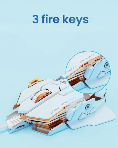 White and gold mechanical mouse on light blue background, with a magnifying inset highlighting three side buttons.