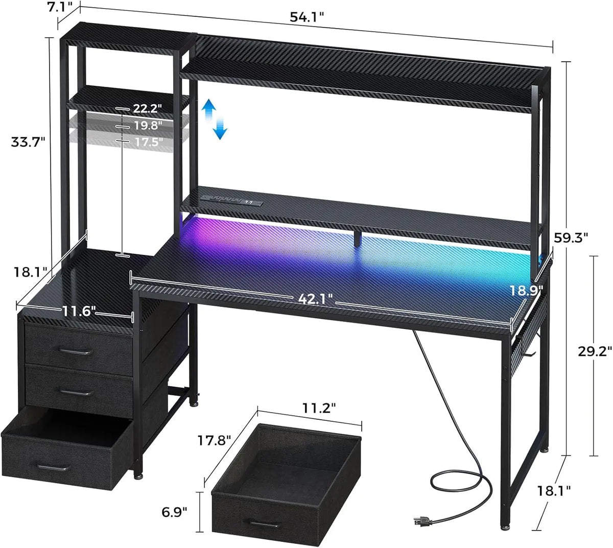 Black gaming desk with hutch, shelves, three fabric drawers, and blue LED lighting, shown with dimension lines.