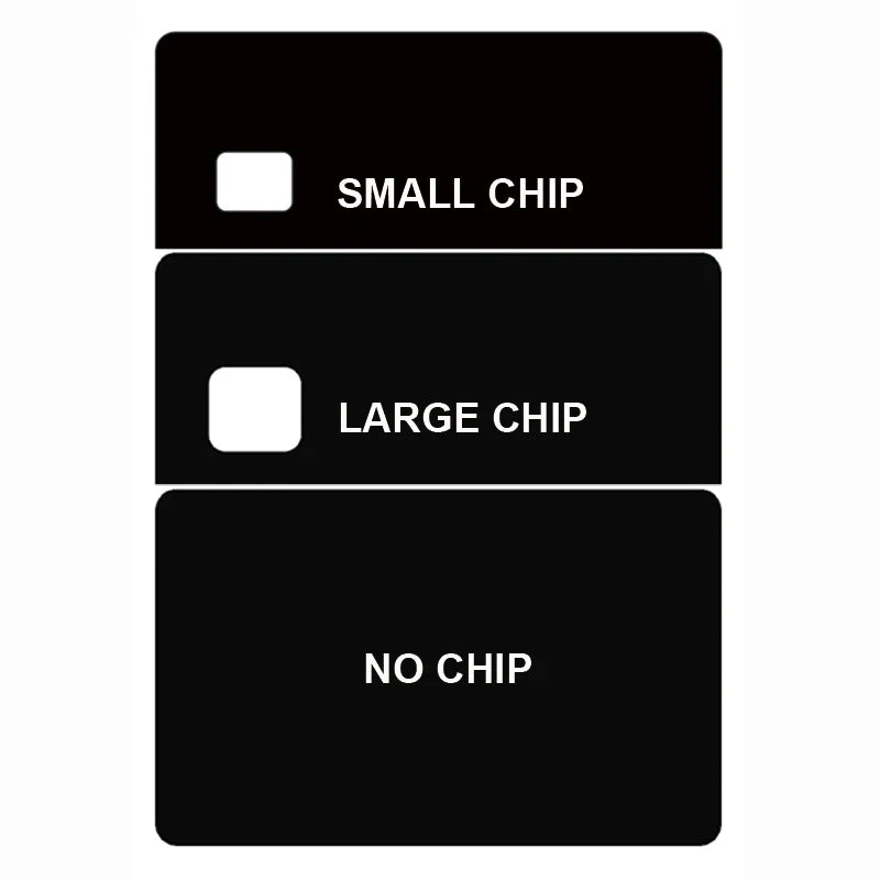 Three black card skin stickers showing cutouts for small chip, large chip, and no chip.