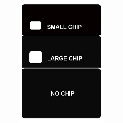 Three black card skin stickers showing cutouts for small chip, large chip, and no chip.