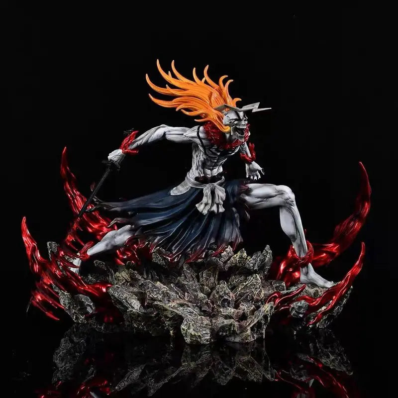 Ichigo Hollow form figure with long orange hair, white skin, horns, holding a sword atop a rocky base with red flames.