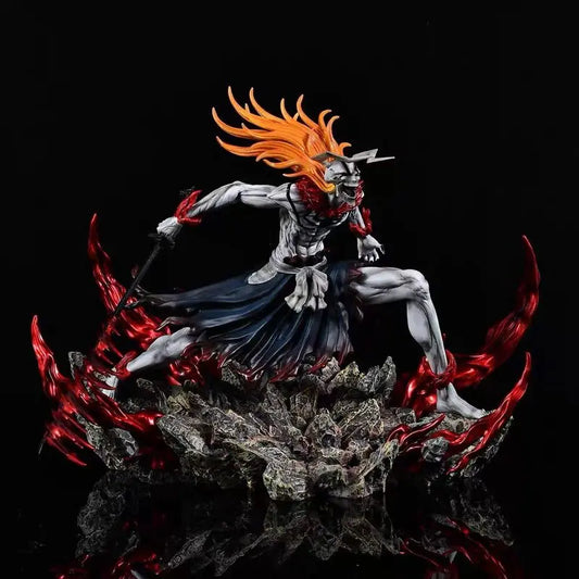 Ichigo Hollow form figure with long orange hair, white skin, horns, holding a sword atop a rocky base with red flames.