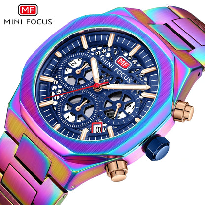 MINI FOCUS Motley Chronograph Quartz Watches Men Stainless Steel Business Sport Wristwatch with Luminous Hands Auto Date 0411
