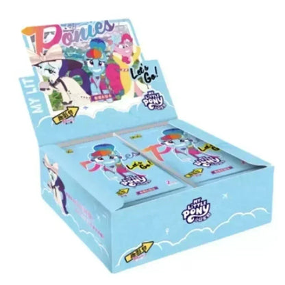 Light blue My Little Pony trading card display box featuring character artwork and foil packs.