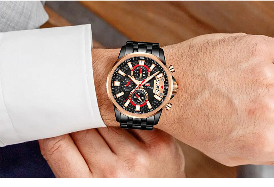 MINI FOCUS Motley Watches for Men Fashion Sport Chronograph Quartz Wristwatch with Date Luminous Hands Stainless Steel Strap Man