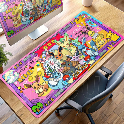 Colorful Pokémon desk mat featuring Eevee and its evolutions on a playful banknote design.