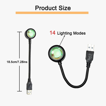 Black USB lamp with flexible gooseneck, round light head, and dimensions of 18.5cm/7.28ins.