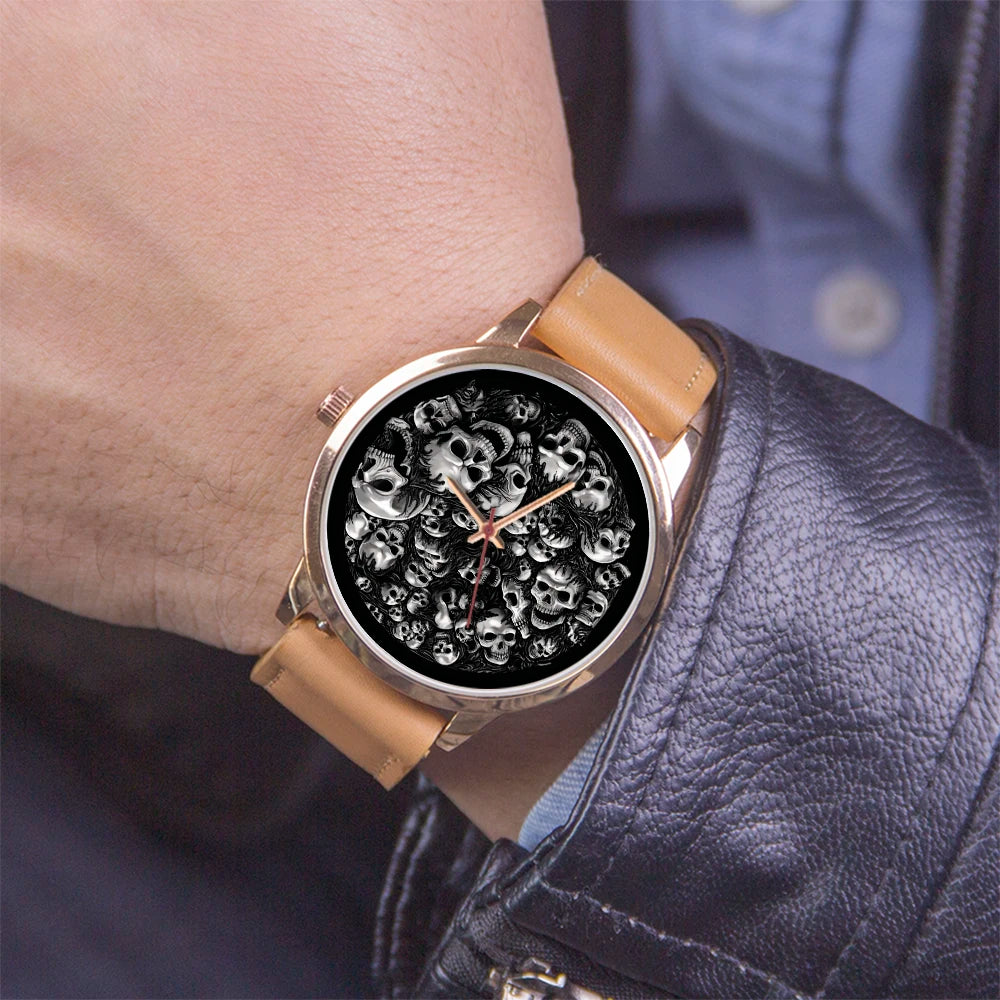Skeleton Skull Dial Gentleman Quartz Watch Men Personalized Wristwatch Black Fashion Souvenir Gift For Male Friend Husband