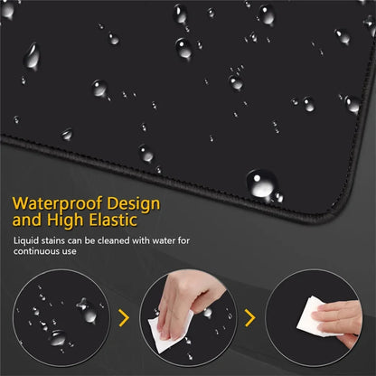 Water droplets beaded on a black mouse pad, with inset circles showing a hand wiping them away with a white cloth.