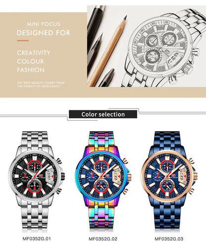 MINI FOCUS Motley Watches for Men Fashion Sport Chronograph Quartz Wristwatch with Date Luminous Hands Stainless Steel Strap Man
