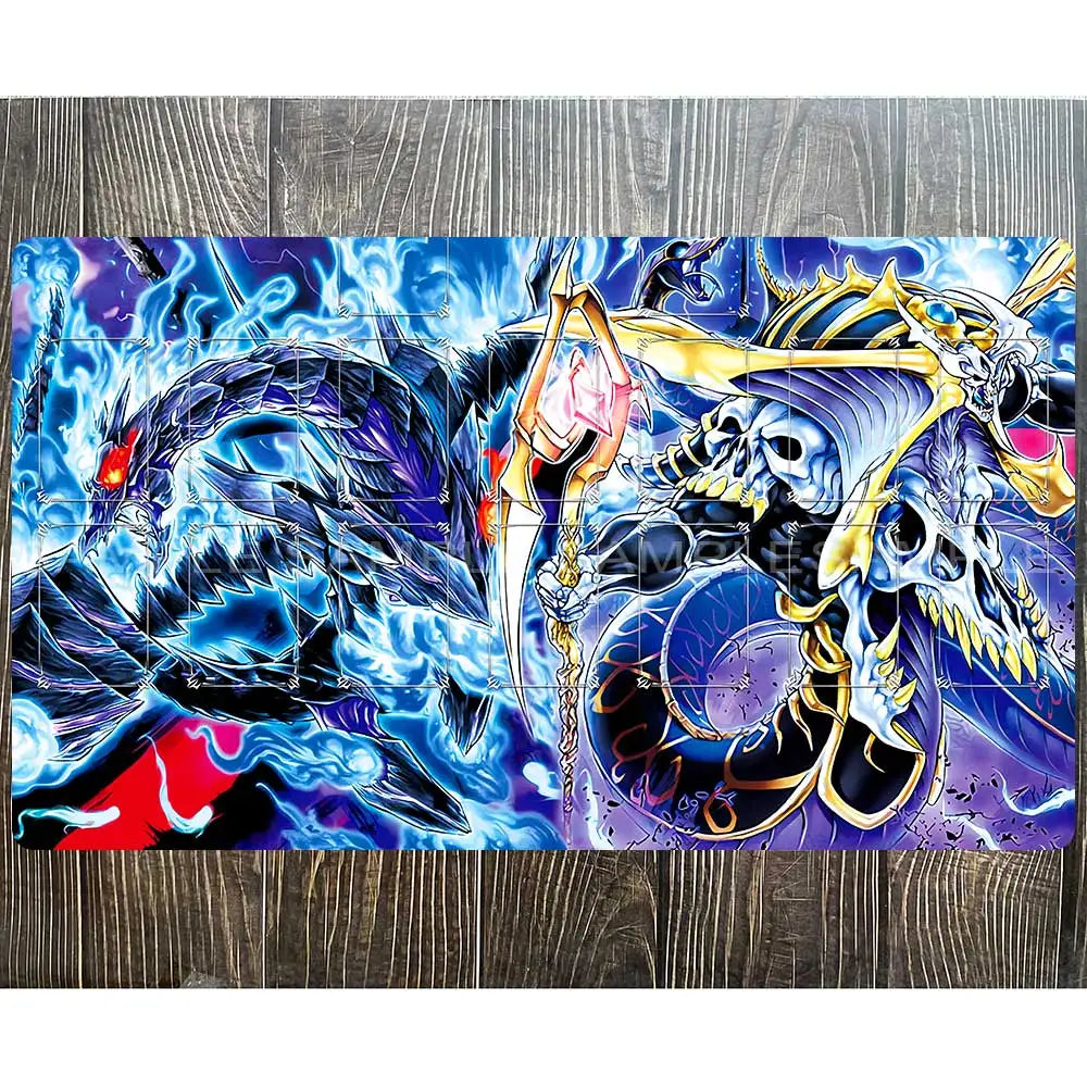Blue Yu-Gi-Oh! playmat featuring a dark dragon on the left and a skeletal, armored figure with a staff on the right.