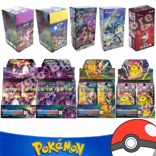 Assortment of colorful Pokémon booster boxes and packs featuring characters like Pikachu, Mew, and Lucario.