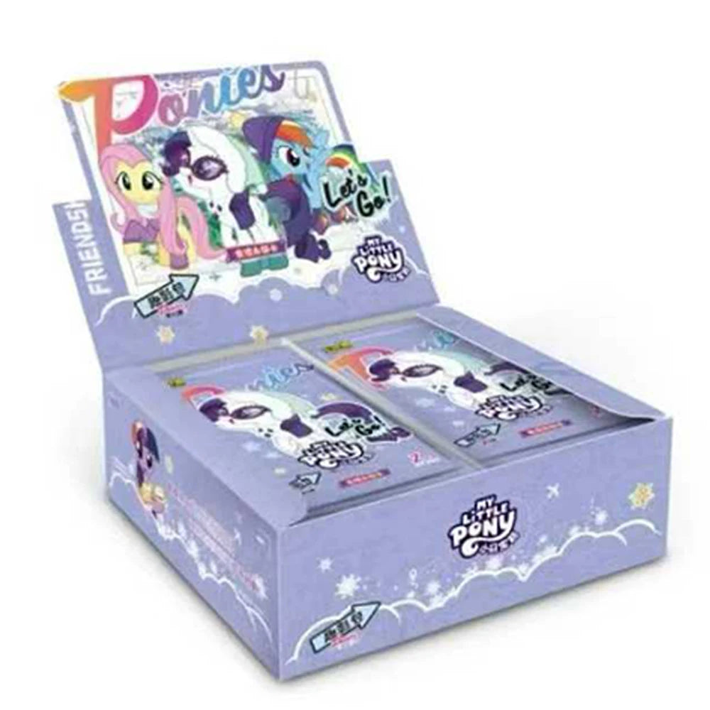 A light purple My Little Pony card display box containing multiple foil booster packs.