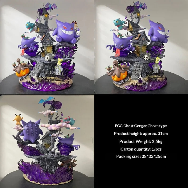 Detailed Gengar evolution figurine with haunted house, purple effects, and smaller Pokémon in a spooky diorama.