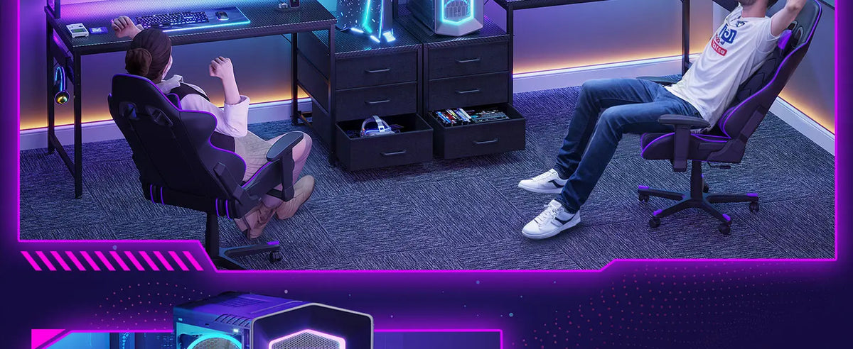 Two gaming desks with black frames, drawers, and purple LED backlighting. Two gamers sit in chairs.